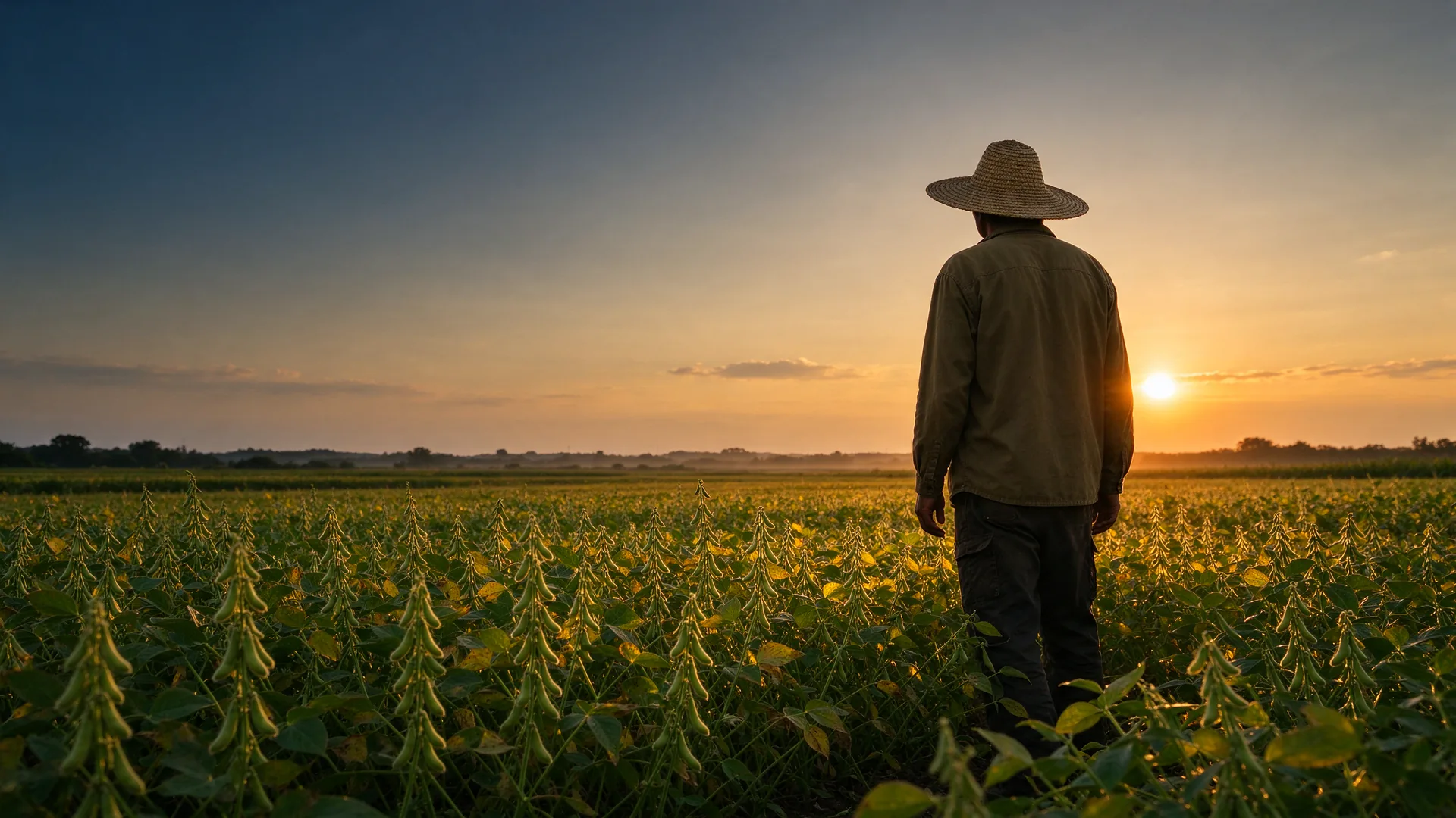Trabalhador rural de chapéu olhando a lavoura ao entardecer